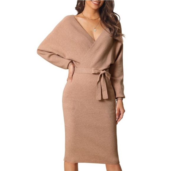 Seta T Deep V Neck Wrap Batwing Sleeve Belted Bodycon Midi
Sweater Dress Khaki - Picture 1 of 8